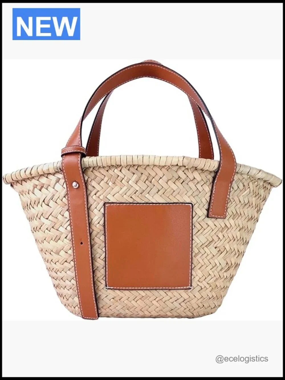 Natural Woven Straw Tote Bag with Faux Leather Strap Basket Purse Handmade Beach